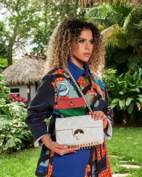 BOLSO DE MANO RIVIERA LE BLANC CON CADENA DORADA Y MOTIVO DE TIBURÓN