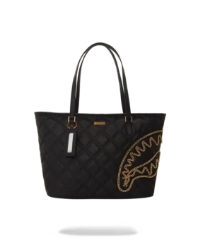 BOLSO TOTE NOIR QUILT CON CADENA DORADA Y ESTAMPADO DE TIBURÓN