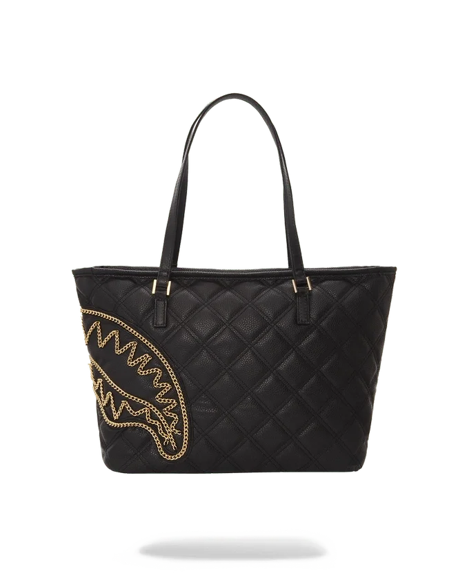 BOLSO TOTE NOIR QUILT CON CADENA DORADA Y ESTAMPADO DE TIBURÓN