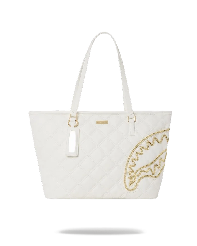 BOLSO TOTE RIVIERA LE BLANC CON CADENA DORADA Y ESTAMPADO DE TIBURÓN