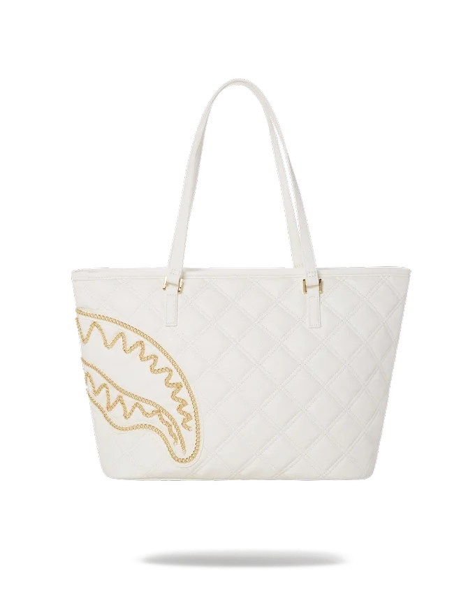 BOLSO TOTE RIVIERA LE BLANC CON CADENA DORADA Y ESTAMPADO DE TIBURÓN